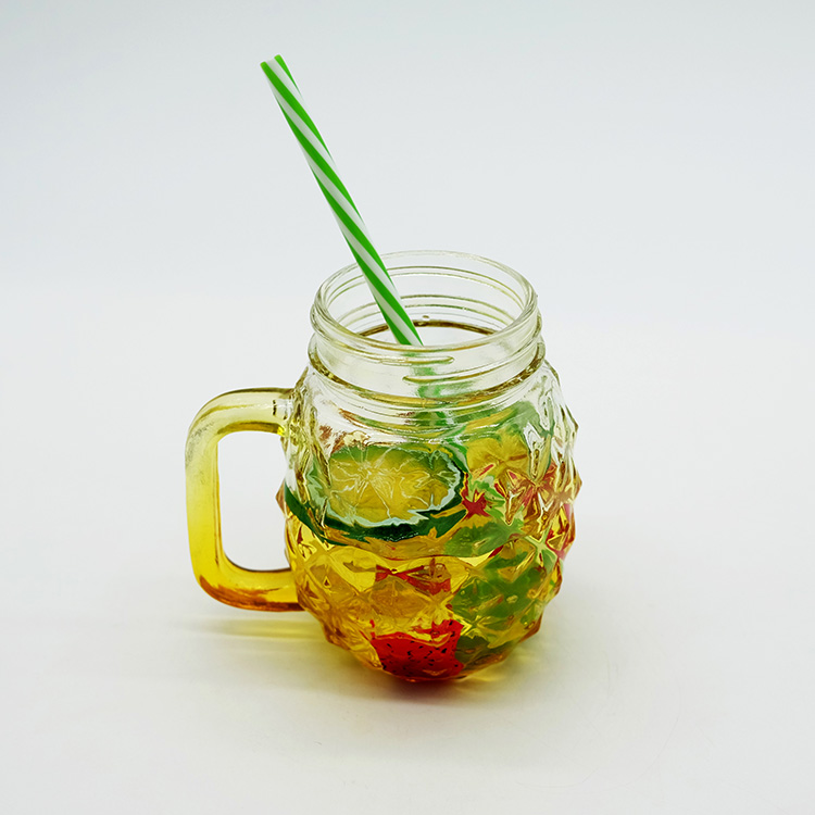 Pineapple Shaped Glass Mason Jar 500ml with Handle and Straw