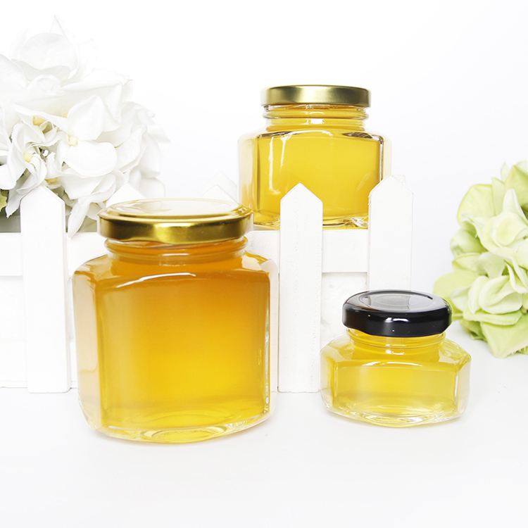 Oval Hexagonal Glass Honey Jar With Metal Lid, Honey Glass Container