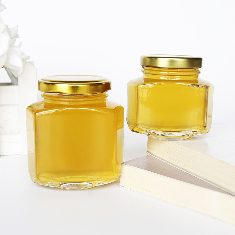 Oval Hexagonal Glass Honey Jar With Metal Lid, Honey Glass Container