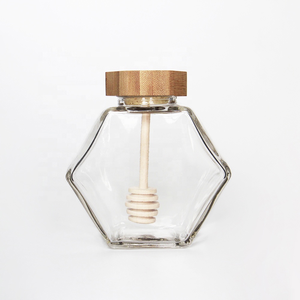220ML/380ML Hexagonal Glass Honey Bottle with Wooden Stirring Rod Sealing Honey Pot Clear Jam Jar Kitchen Home Storage
