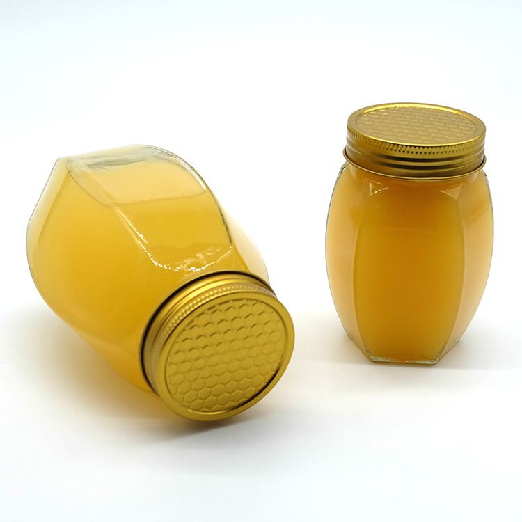 Food Grade 380ml 730ml Hexagonal Glass Honey Jar With D66 Screw Metal Cap