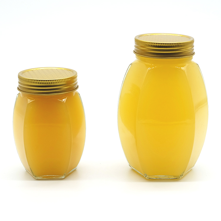 Food Grade 380ml 730ml Hexagonal Glass Honey Jar With D66 Screw Metal Cap