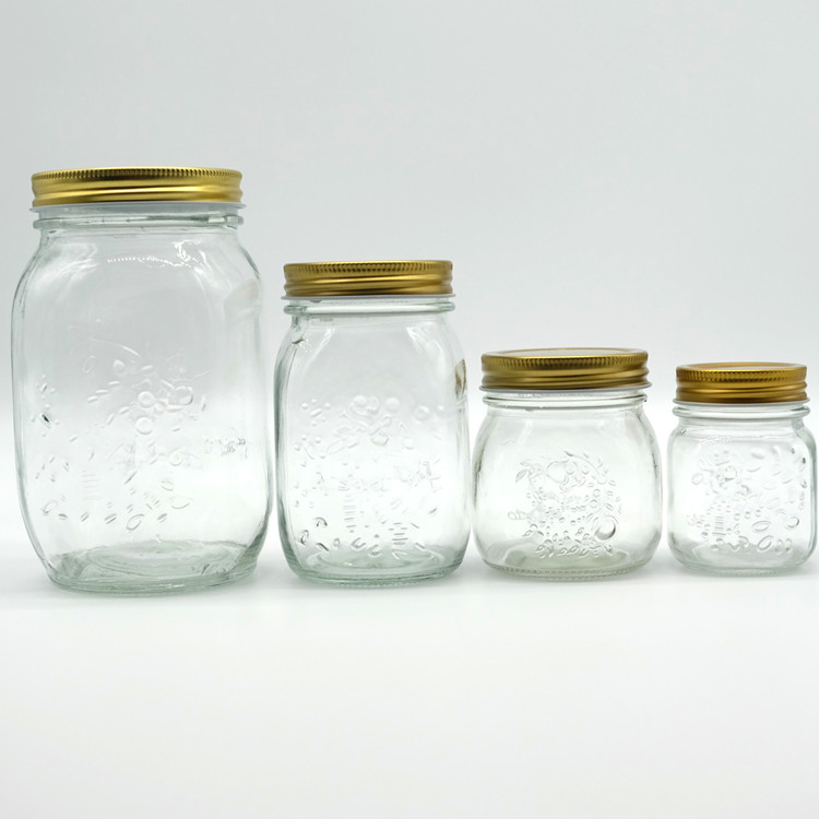Clear Classic Glass Emboss Mason Jar with 70mm Metal Lid
