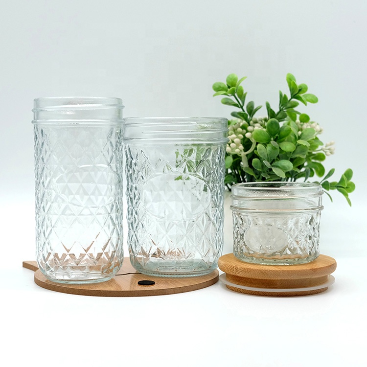 Transparent Quilted Mason Jar with 86mm Wide Mouth Screw Tin Lid