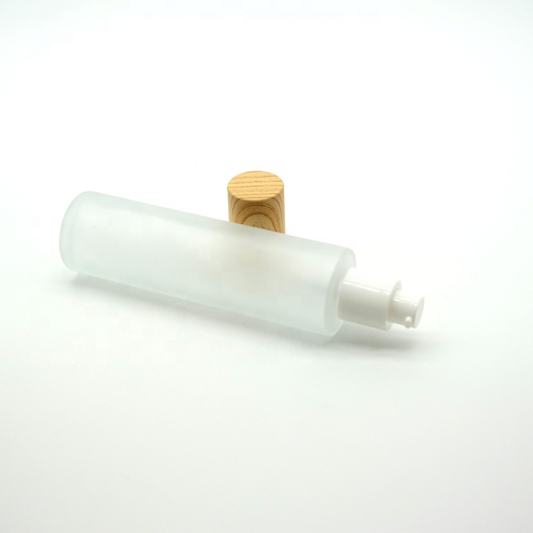 Frosted Glass Bottle with Pump and Wood Lid