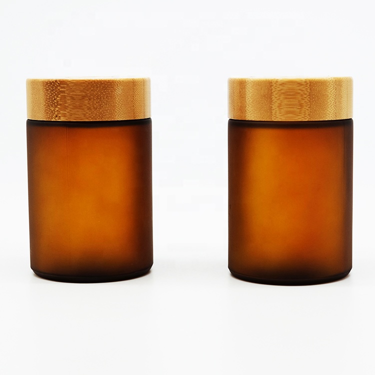 Custom Amber Straight Side Glass Jar with Wooden Lid