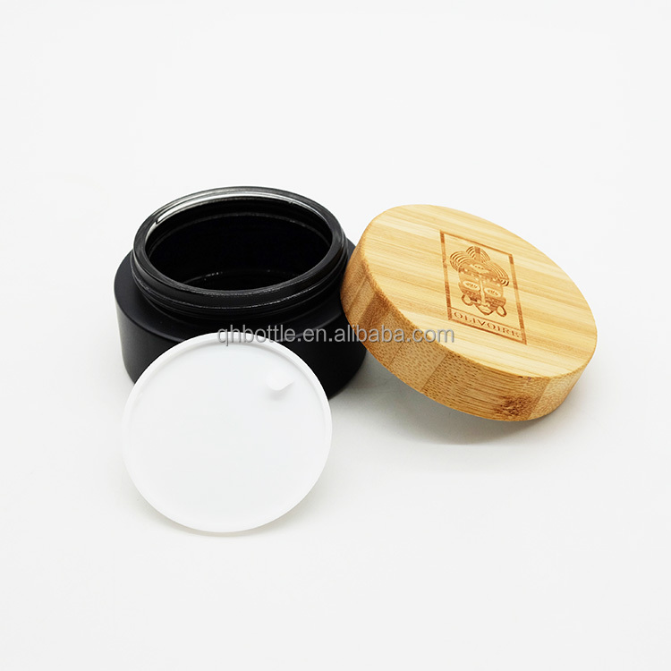 Black Color Glass Cream Jar with Wooden Lid