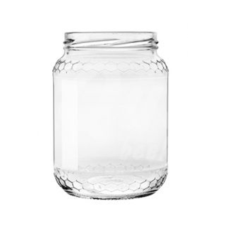 New Design Hex Cell Embossed Bottle Glass Honey Jar 380ml 580ml 730ml With Screw Cap