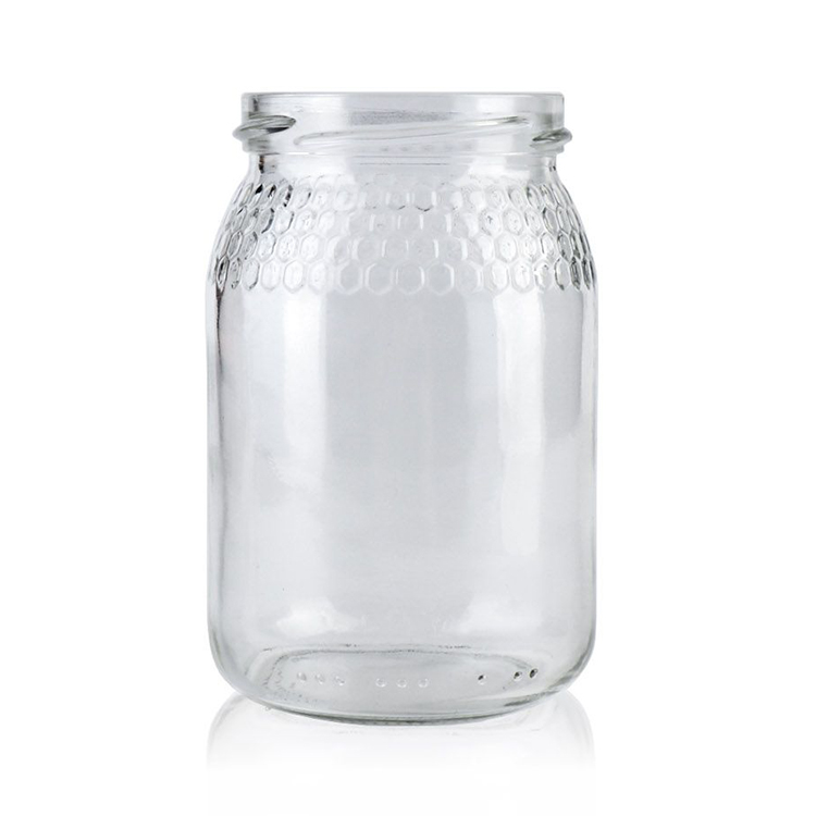 New Design Hex Cell Embossed Bottle Glass Honey Jar 380ml 580ml 730ml With Screw Cap